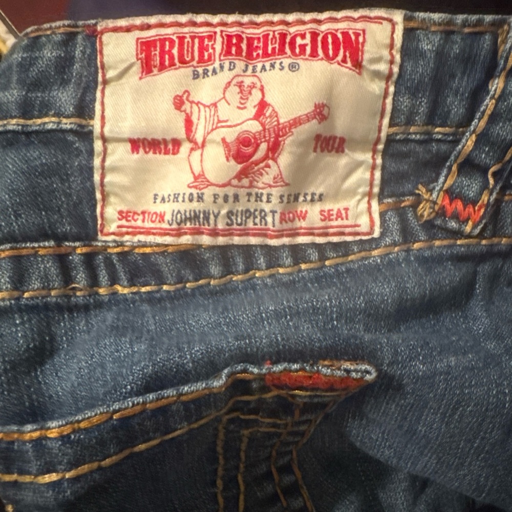 True Religion women’s  Denim Jeans in Dark Blue with Orange Stitching